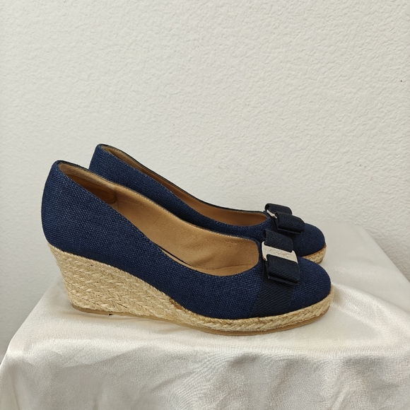Salvatore Ferragamo Darley Espadrille Blue Denim Wedges Size 5C Women's - Picture 4 of 16